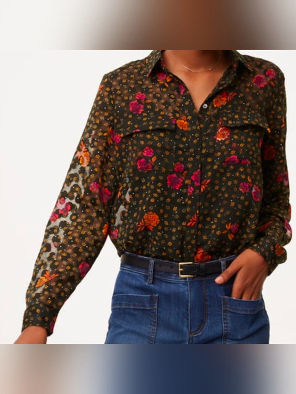 Floral Print Sheer Button-Up Blouse - Black with Pink & Orange Flowers